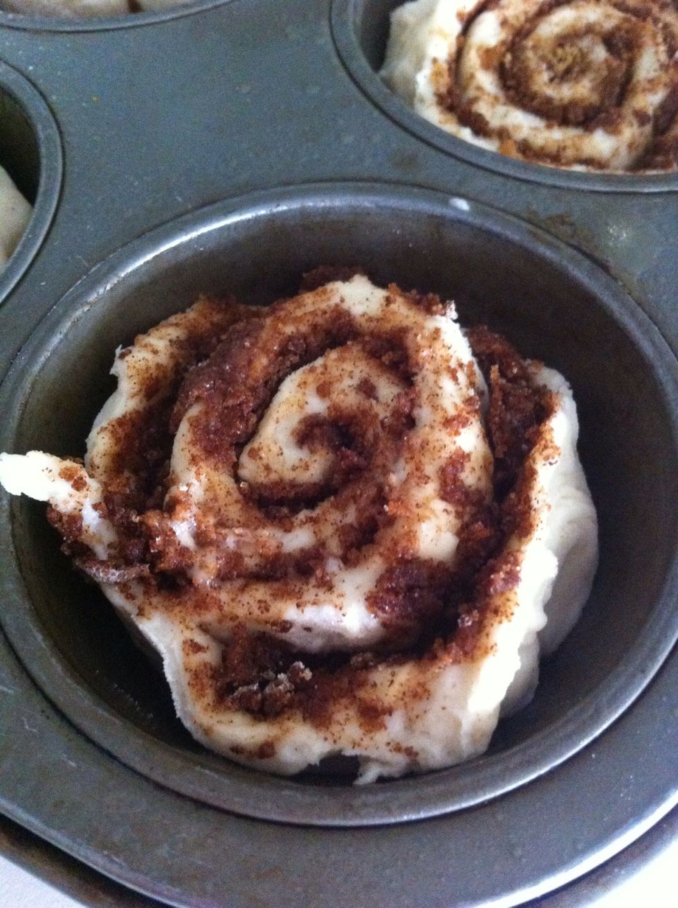 Place each cinnamon roll into a muffin tin \ud83c\udf6e