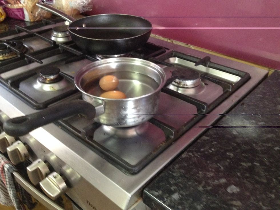 Place eggs into small pot. Bring eggs to boil. Let them simmer for 5-6 mins