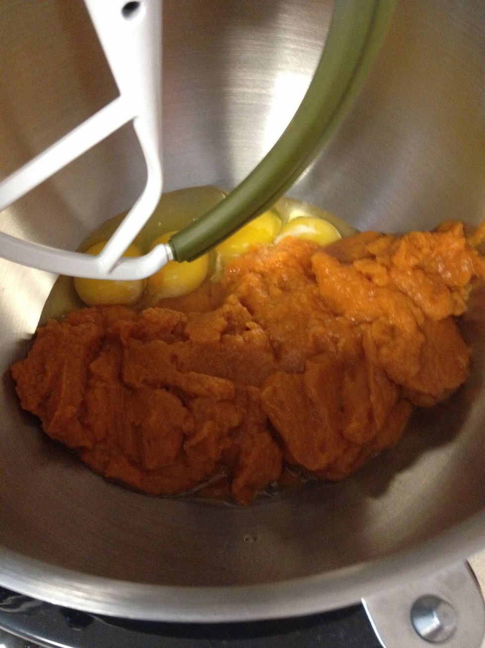 Place eggs, oil, and pumpkin in the mixer and mix until all combined