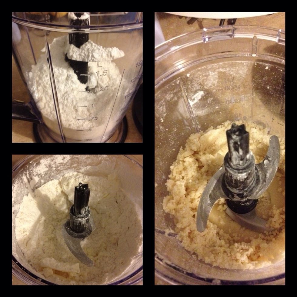 Place flour, confectioners sugar, salt and butter into food processor. I use my Ninja for this. Remember butter has to be cold. It will have a play dough consistency when ready.
