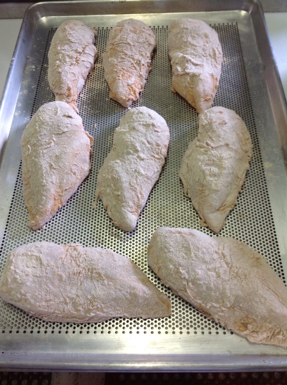 Place floured chicken on perforated pan.