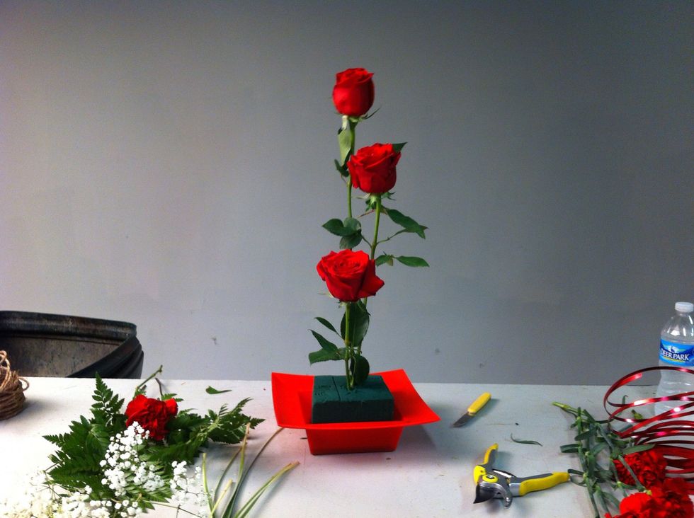 Place foam into container and insert 3 roses.