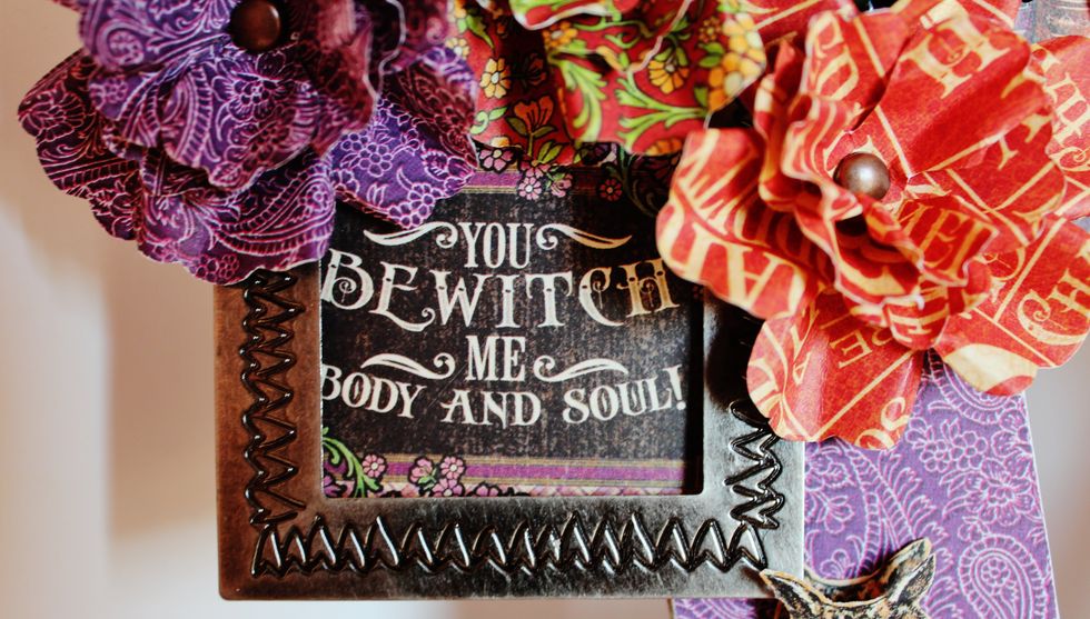 Place frame of a journal block from the Rare Oddities pattern paper. Adhere to sign.