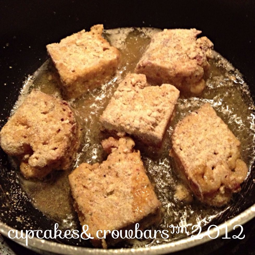 Place gently into about 1/2 inch of hot oil, turning after 2-3 mins. I use a soup pot to help contain the grease splatters.