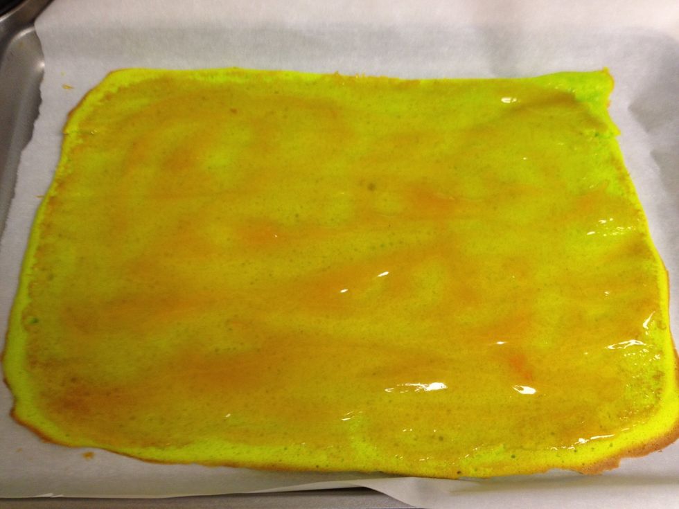 Place green layer on a parchment paper lined baking sheet and spread half of the preserves. Add white layer and repeat. Finish off with pink layer.