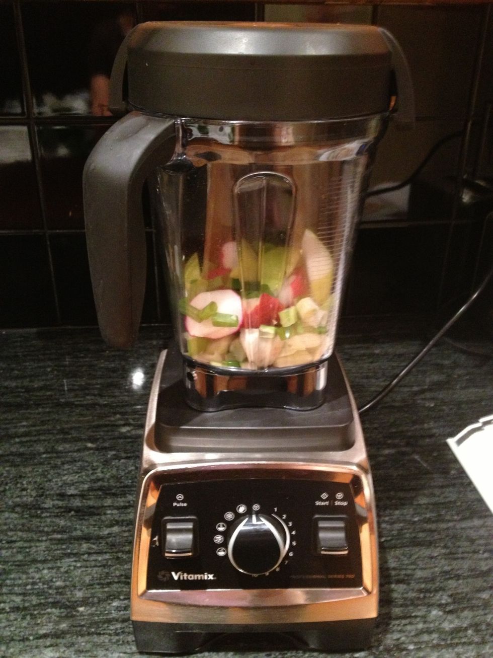Place half of the fruits and vegetables into your Vitamix in the following order: fennel, apples, radishes, scallions, pear.
