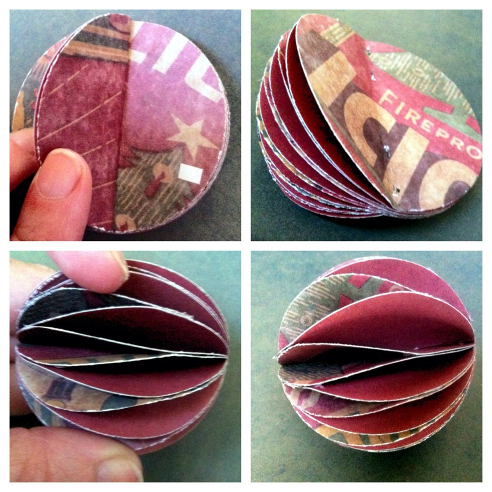 Place hot glue where white square is & press to circle you just glued. Glue the rest of circles together. Alternate glue; up 'n down. You'll need to carefully force them open a bit as you go along.