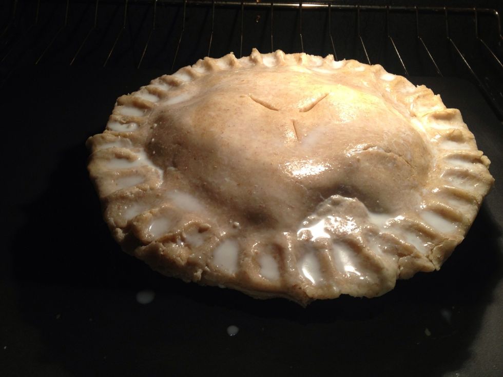 Place in a 450F oven for 15min, then reduce the heat to 350F and bake for another 35ish minutes until the insides are bubbling through the vent.
