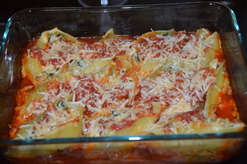 Place in a pre heated oven at 375 degrees for 25-30 minutes and bake. Next remove the foil and broil for two minutes until the cheese melts and turns golden brown in color.