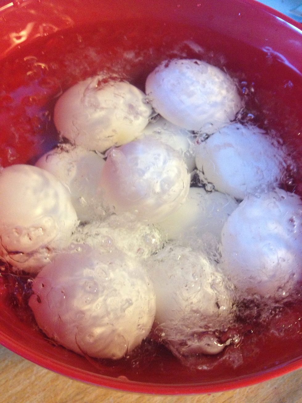 Place in an ice bath to cool off and cease the cooking. After 10 minutes, they will be easier to handle and peel. All ready for your favorite egg salad or deviled eggs recipe!