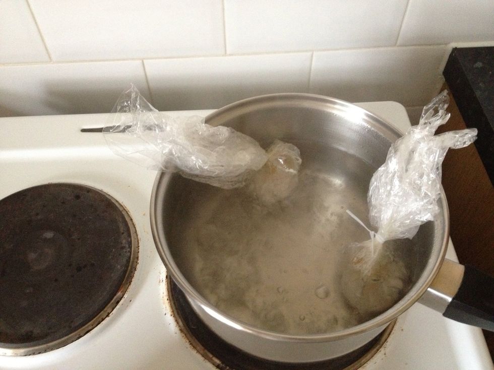 Place in boiling water 4 about 3mins ish depending on how runny u want your eggs