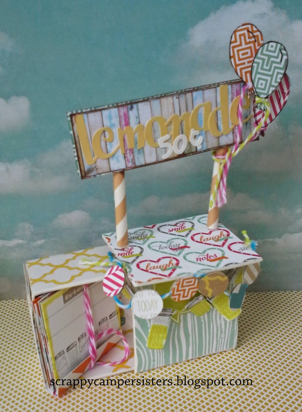Place in box and slide into your lemonade stand. You are all ready. For a larger version (Tiki Bar) go to www.scrappycampersisters.blogspot.com or join us on ustream.tv/channel/scrappycampersisters