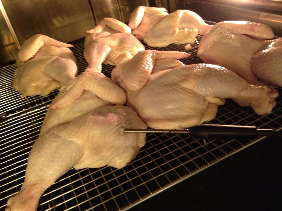 Place in Combi smoker and probe one chicken