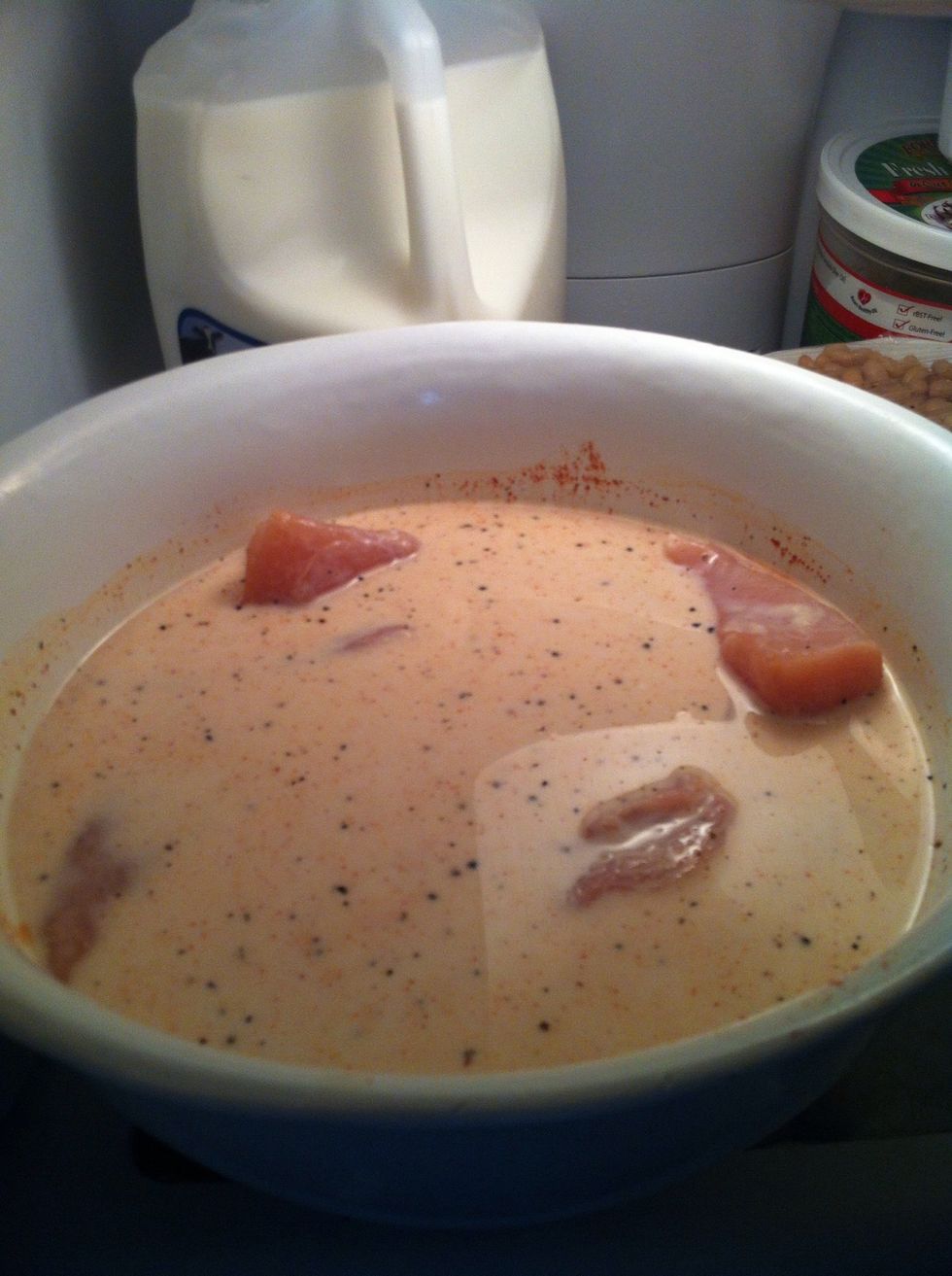 Place in fridge for at least 30 mins-1 hour... It doesn't really matter, my chicken stayed in the fridge for about 4 hours.
