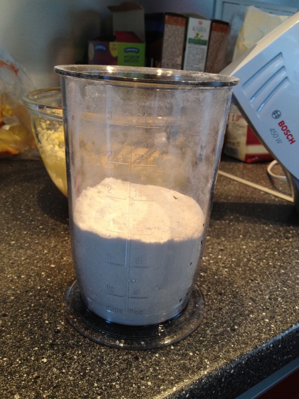 Place in one bowl: 1 1/2 cup flour, 1 tbs baking powder, salt