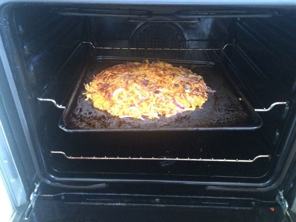 Place in oven for 10-20 mins depending on thickness of rosti and oven heat