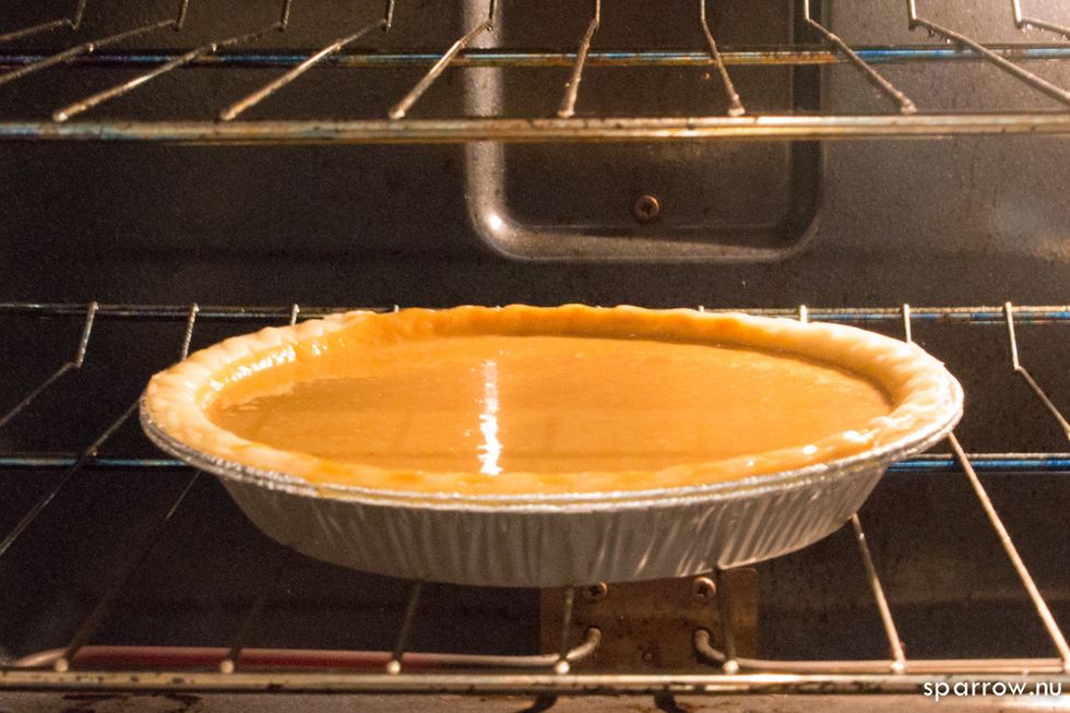 Place in oven, it should bake for 15 minutes at 400 degrees Fahrenheit. Decrease temperature to 350 degrees Fahrenheit and bake for 45 minutes or until cake taster comes out clean.