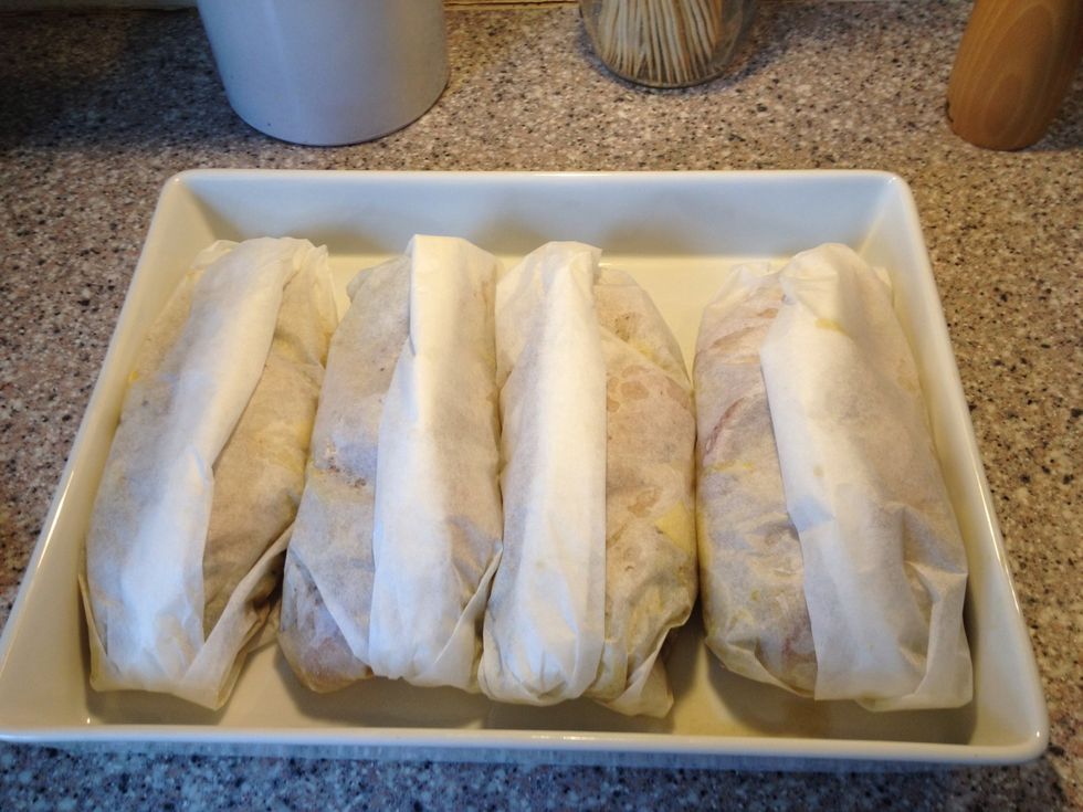 Place in ovenproof dish. You can make the dish in the morning and keep it in the fridge until dinner time.