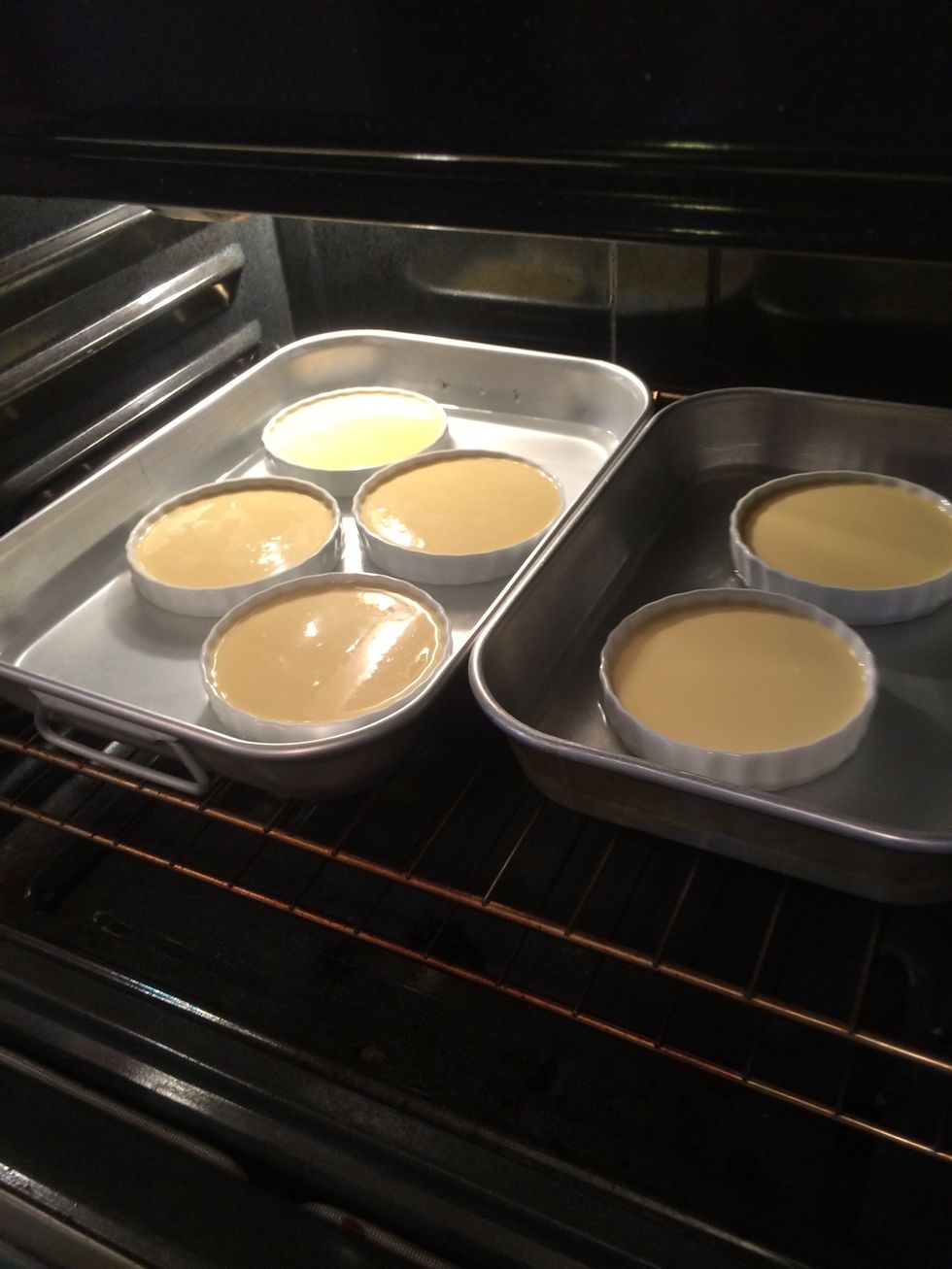 Place in preheated oven, 300f for 40-45 minutes, bake until the centers are just set.