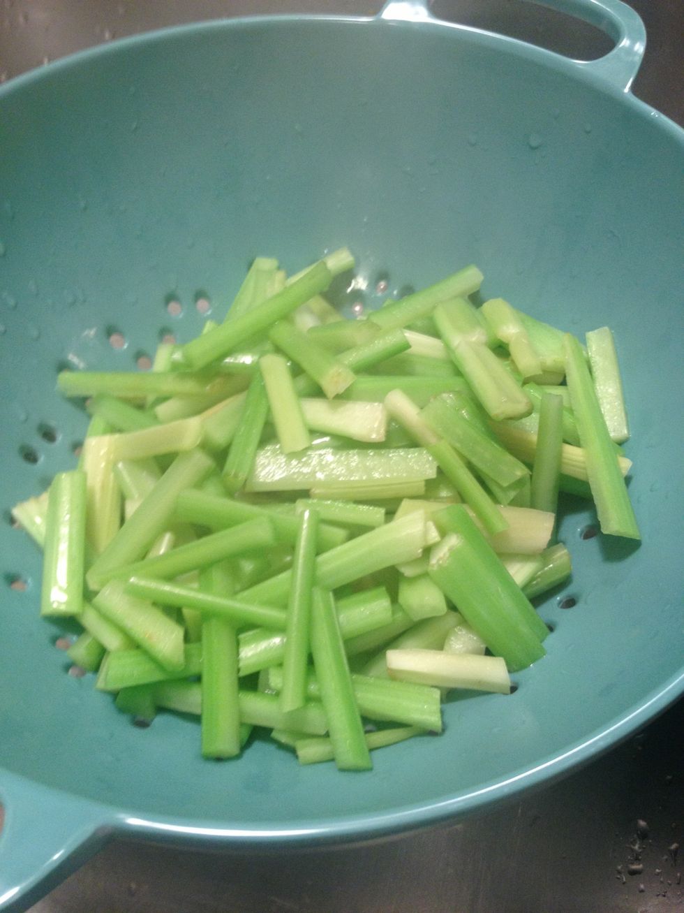 Place in strainer BUT keep the water in the pan for the Tofu. Best to use a strainer to remove the celery from the wok or pot