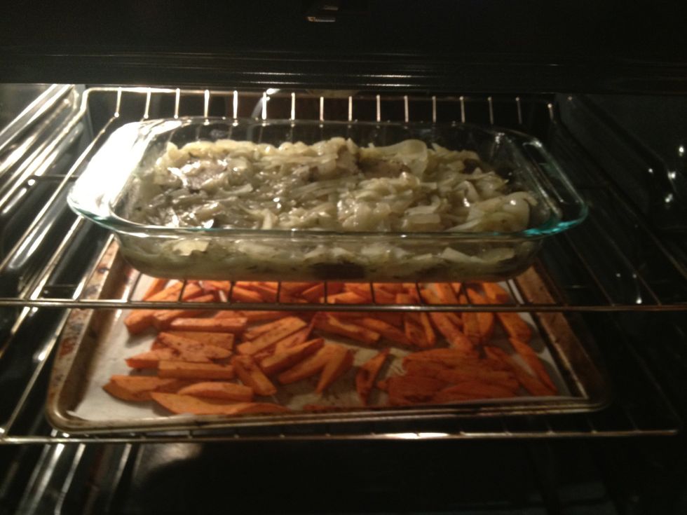 Place in the oven, uncovered, until onions have browned on top and the liquid has been absorbed. This will take about an hour.