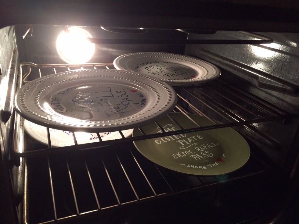 Place in unheated oven, close door and turn oven on to 400 degrees.  Let bake for 45 minutes, then turn off oven.  Keep plates in oven until completely cool.
