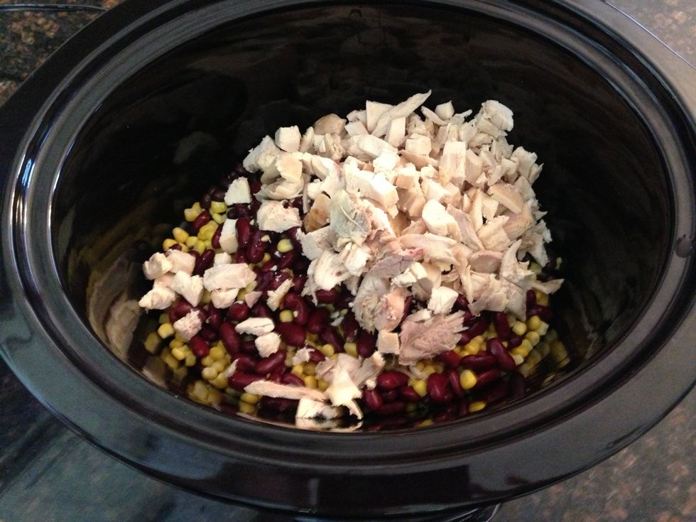 Place into crockpot beans, corn, & chopped chicken.