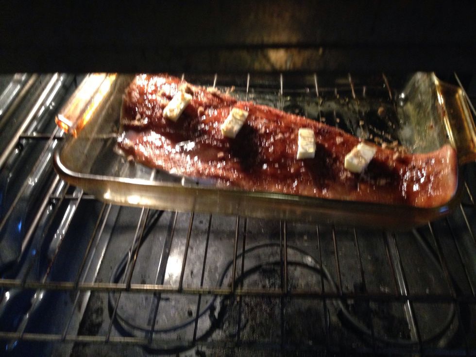 Place into pre -heated oven 425 degrees! Let salmon bake about 18-20 minutes do not overcook Or allow to dry out! At the twenty min mark turn oven to broil to make the top a little browner!