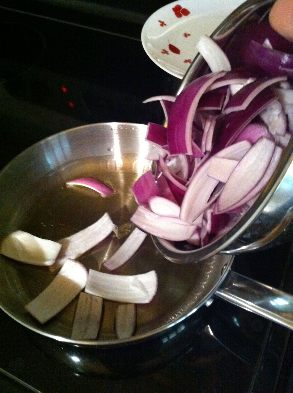 Place into preheated skillet with extra virgin olive oil; it should sizzle.  Stir to prevent burning