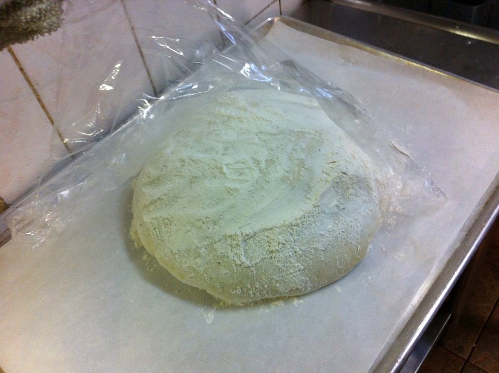 Place it on a baking sheet cover it with a good amount of flour and some plastic (I find a ripped open bread bag works better than wrap because it doesn't cling.