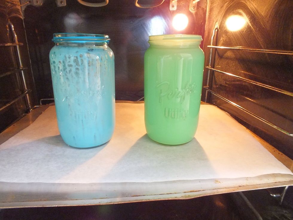 Place jars in a warm oven to dry them off.