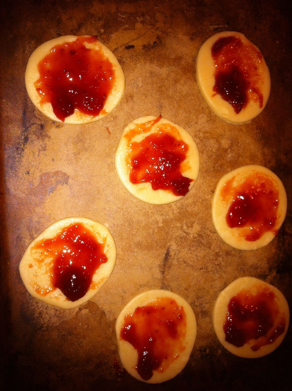 Place just enough jam on each pastry to cover bottom. Too much will cause seepage.