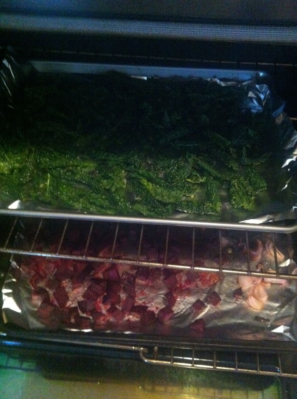 Place kale on a foil lined cookie sheet and put in oven with 15 minutes left on the beet timer. Also a good time to stir beets and shallots.