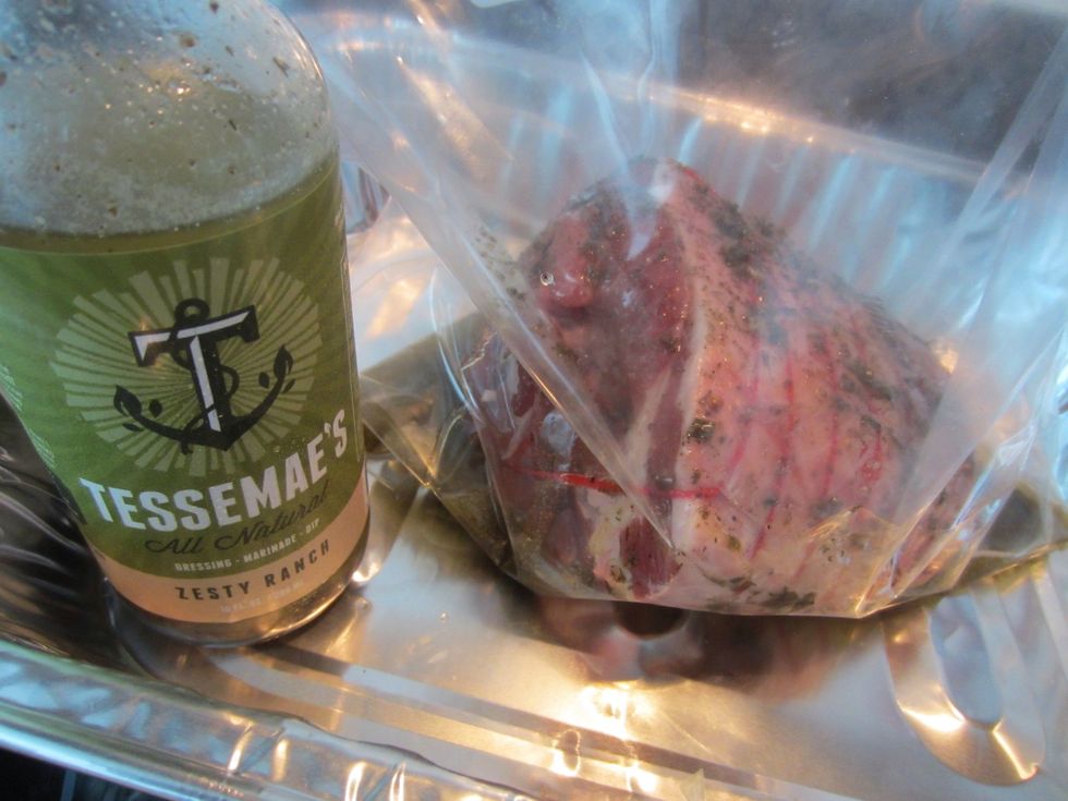 Place leg in zip lock bag and loosely pour in the Zesty Ranch. This has all the seasonings you will need. No need to add any other spices. Place in fridge the night before or morning of.