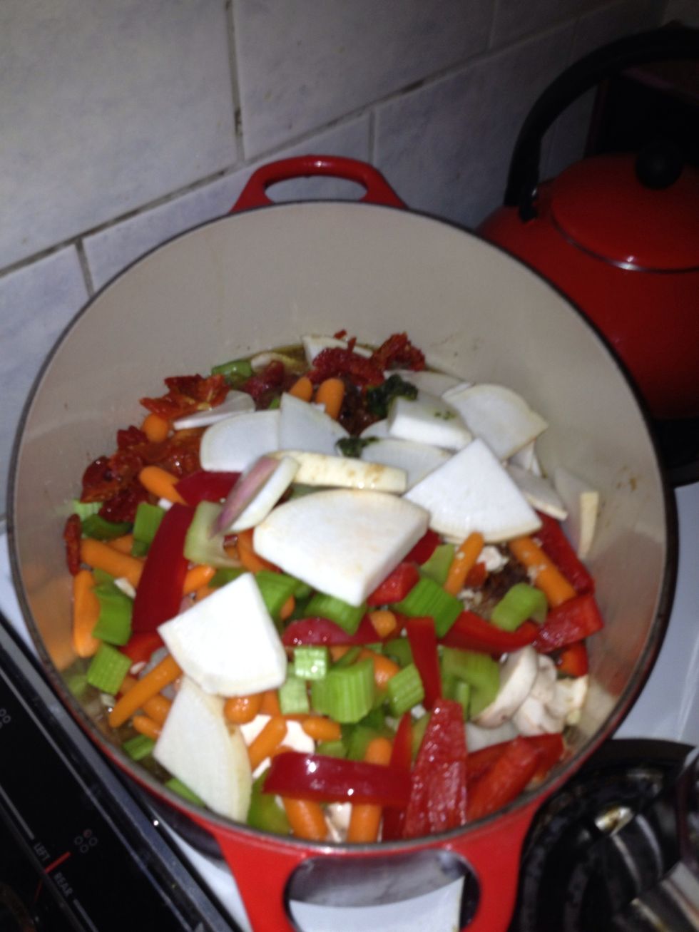 Place lid after all liquids have been added must cook on low heat for 3 1/2 hours