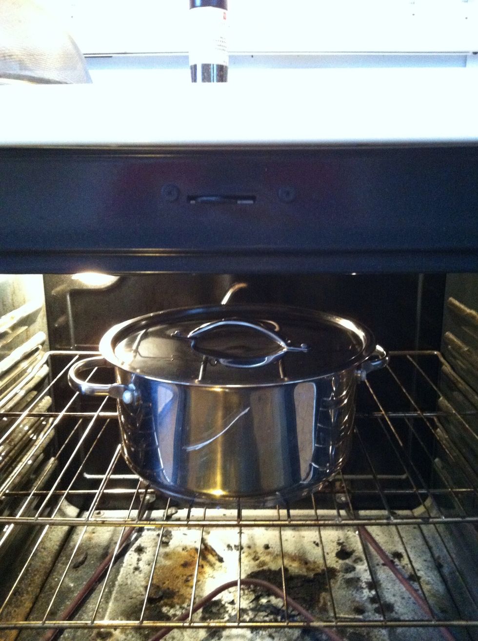 Place lid on pot and place into oven. Turn oven off and lend stand till ready.