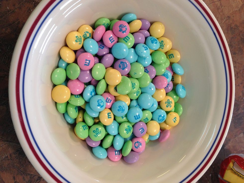 Place M&M's in bowl and save for TOPS of each cookie.
