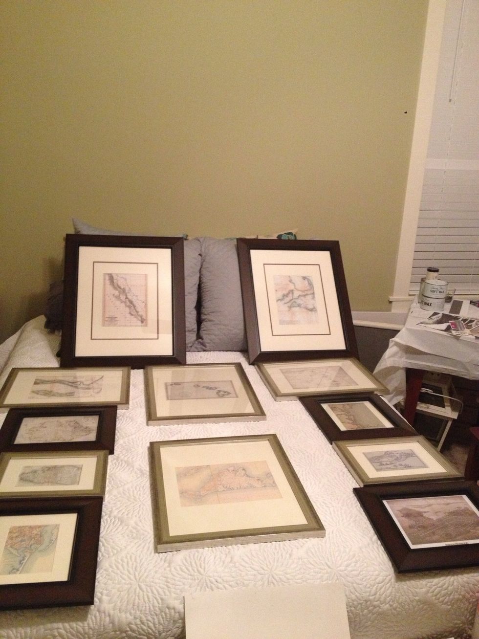 Place map & matting in frames and get ready to hang! (excuse the mess in the craft/construction/disaster room)