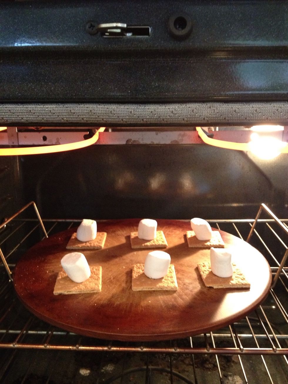 Place marshmallows and graham crackers in oven until tops start to brown. Watch carefully! You do not want them to burn!