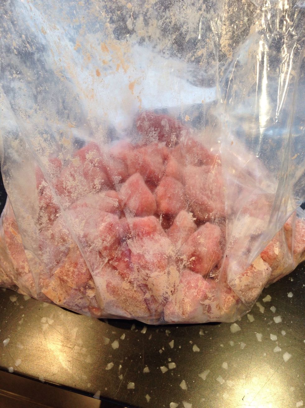 Place meat in a bag with the flour, salt and pepper, and shake until it's covered