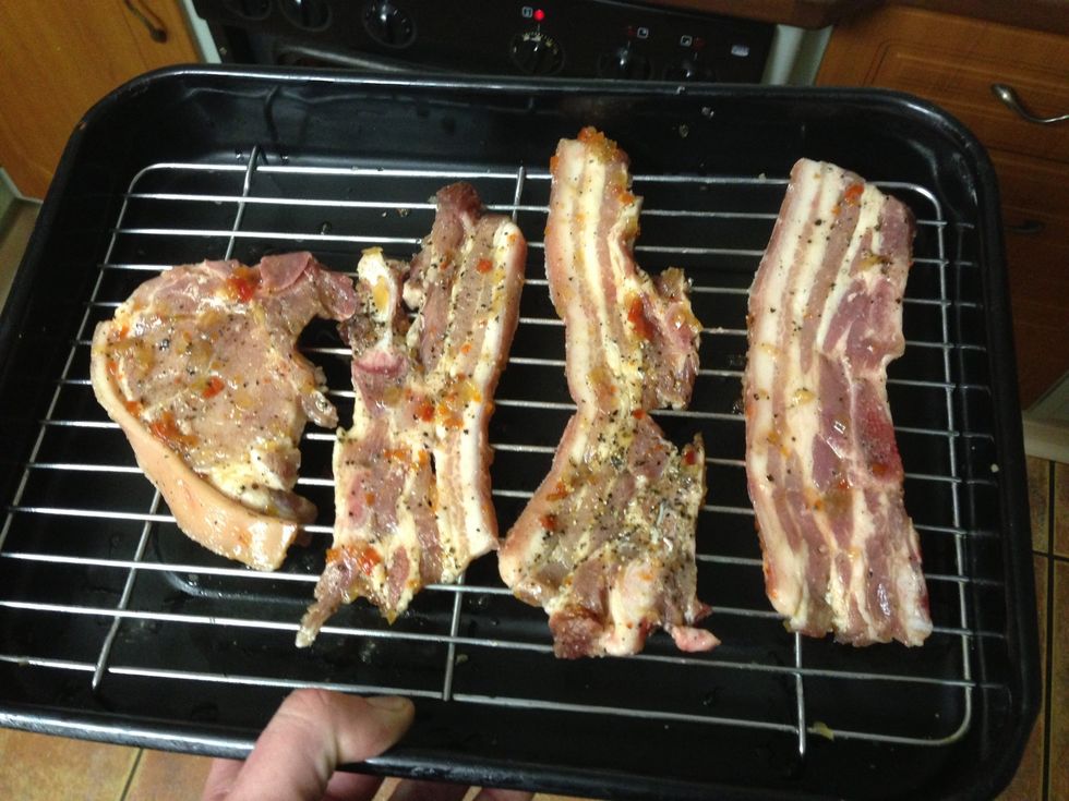 Place meat in pan and into oven Put the oven on grill now