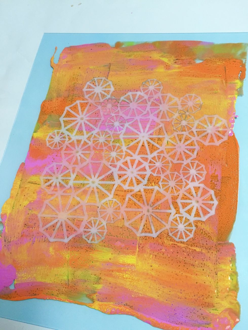 place mini parasols stencil over inked plate.