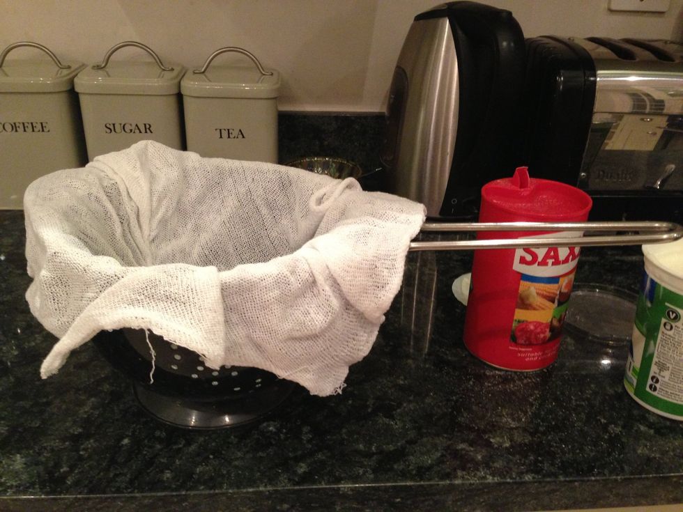 Place muslin or cheese cloth over a colindar. I use two cloths, one over the other.