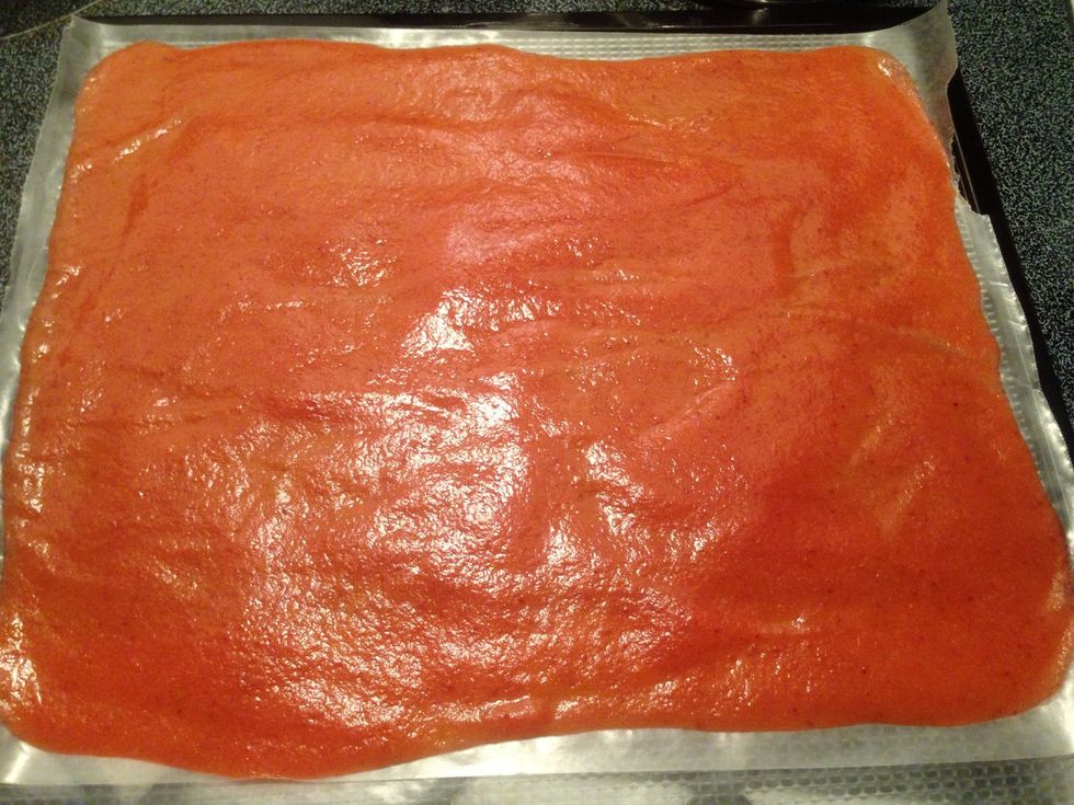 Place non-stick baking mat or parchment paper on dehydrator trays. Spread mixture to desired thinness using a spatula.