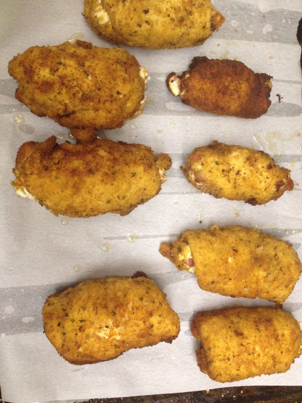 Place on a parchment lined pan and bake at 425 for 20 minutes or until chicken is cooked through.
