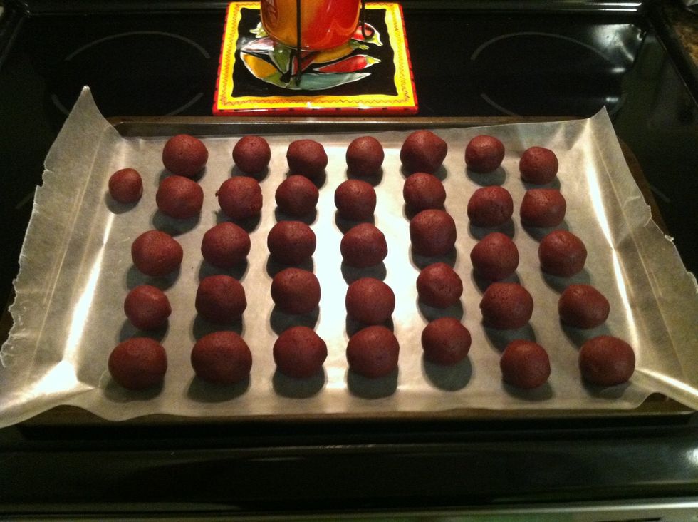 Place on cookie sheet lined with wax paper (some difference in size due to little helpers)!  Once all made, put in fridge overnight to harden up a bit.