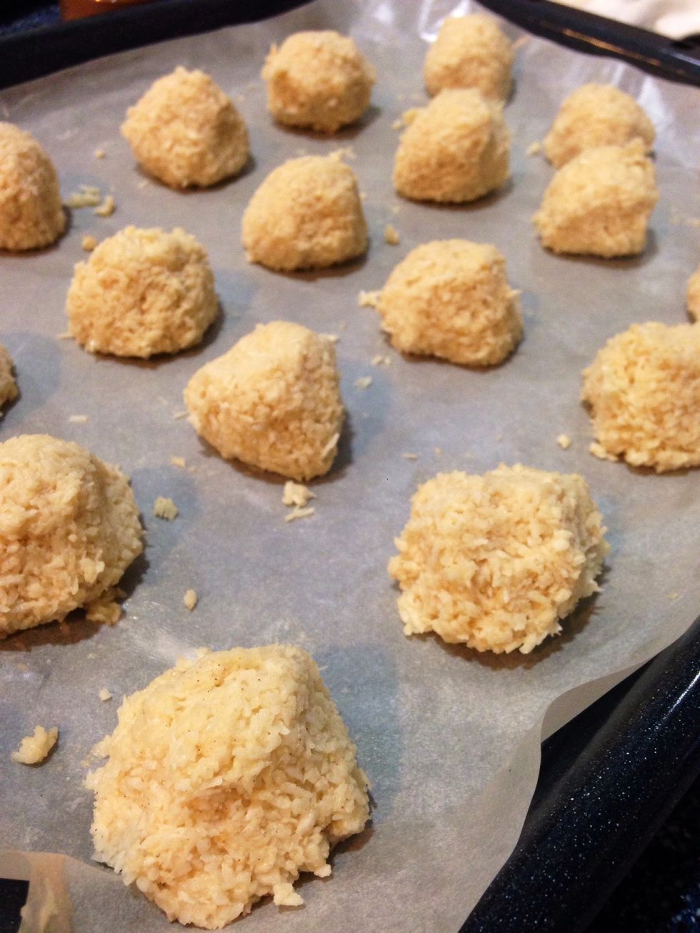 Place on parchment paper then bake at 350 degrees fahrenheit for 18 to 20 minutes.