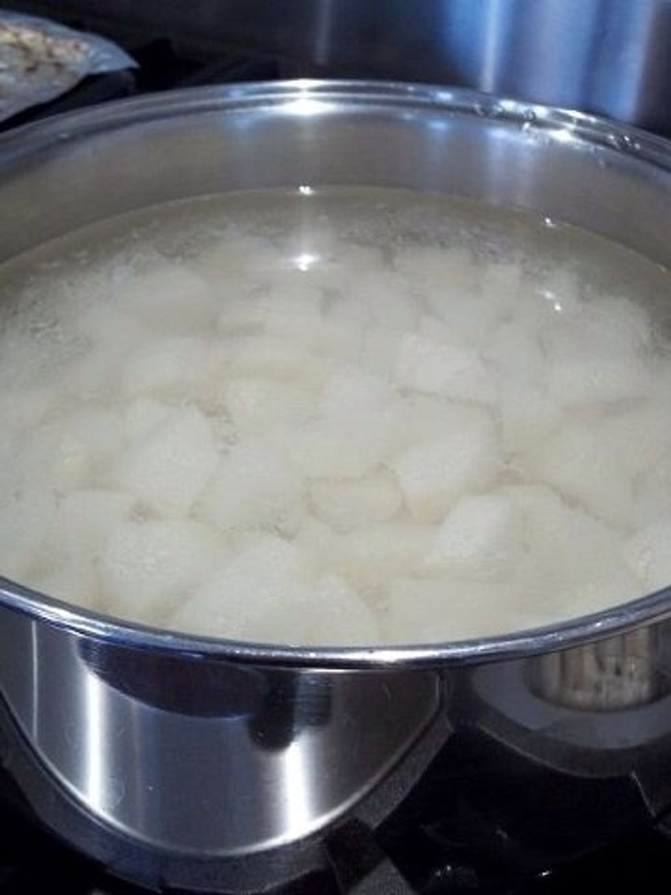 Place on the burner until soft. (Just like how you would make mashed potatoes) Drain them and place them back in the pot.