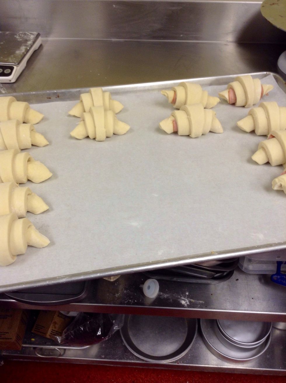 Place on wax paper or any other non stick material. (Almond paste on left, ham and cheese on the right!)