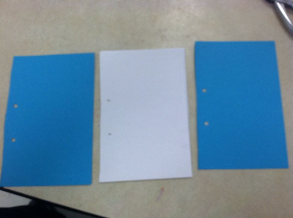 Place one cardstock paper in front. Stack 10 sheets of copy paper in middle. Place one card stock in back. Make sure holes are on the same side.